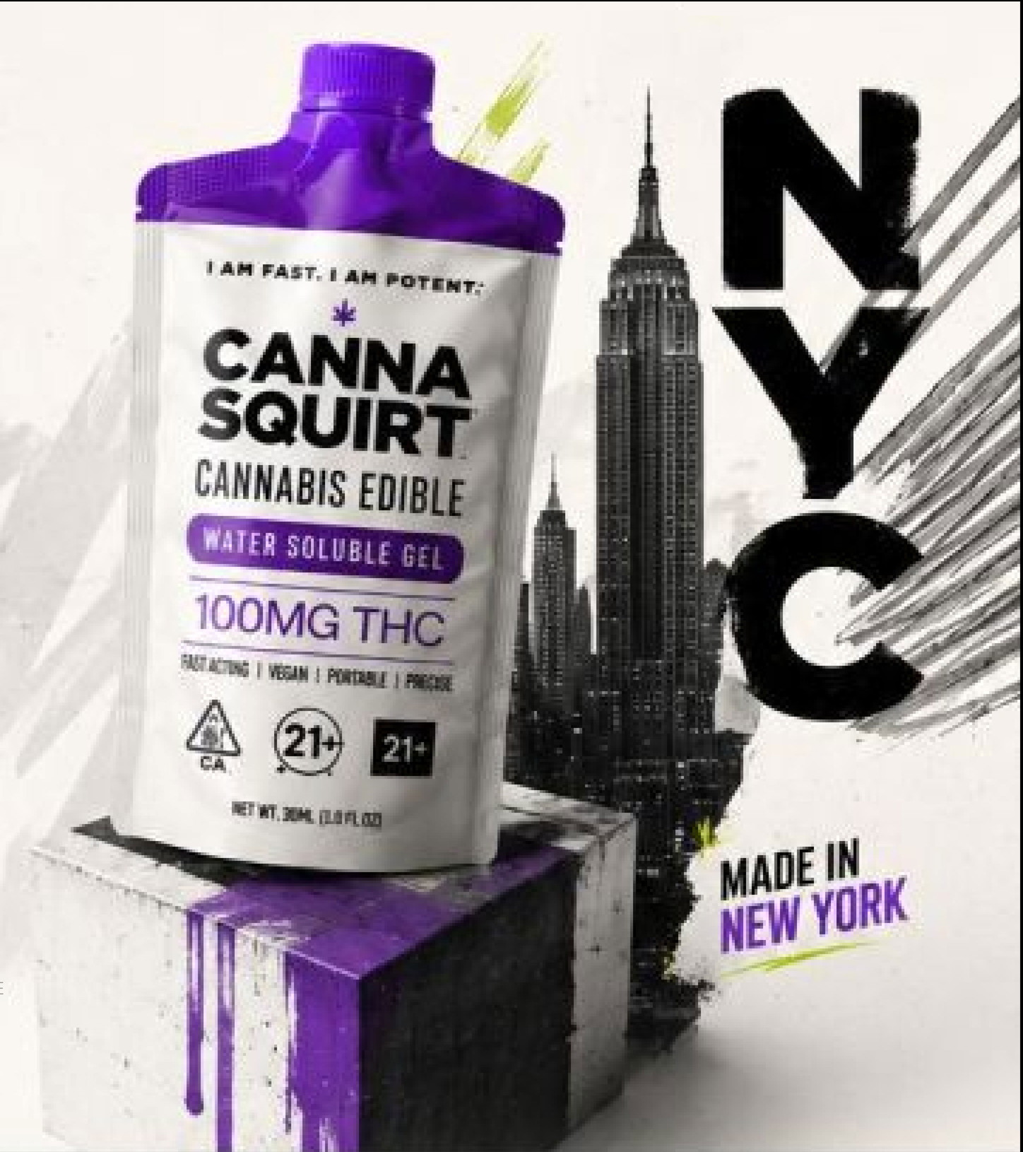 Canna Squirt pouch against a New York collage
